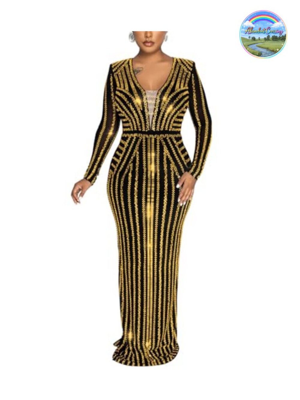 PORRCEY Rhinestone Sheer Mesh Bodycon Long Sleeve Evening Dress